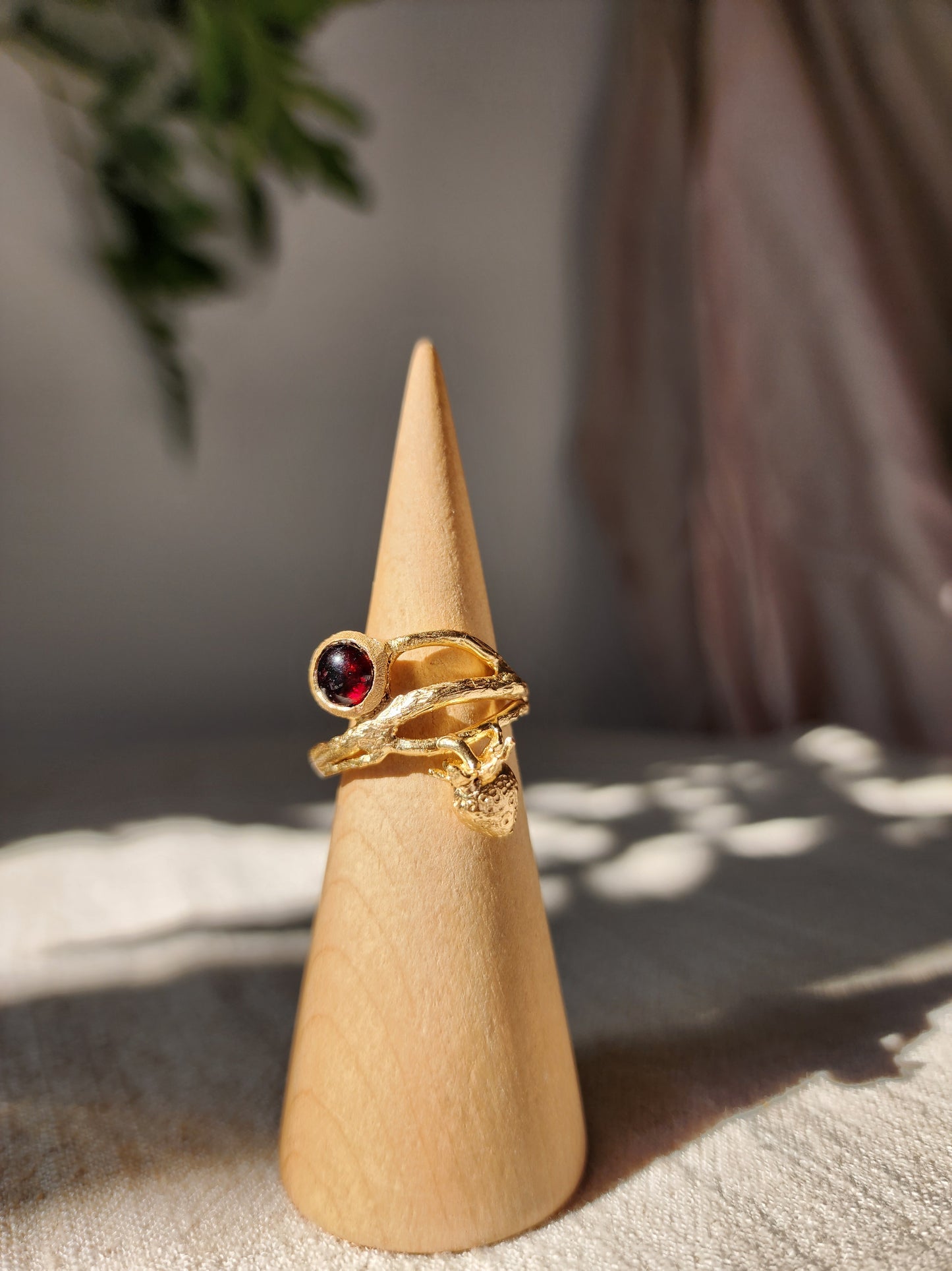 Red garnet ring featuring strawberries. Organic molten textured ring band with branch like curves. One of a kind, unique, nature inspired jewellery made in australia. 
